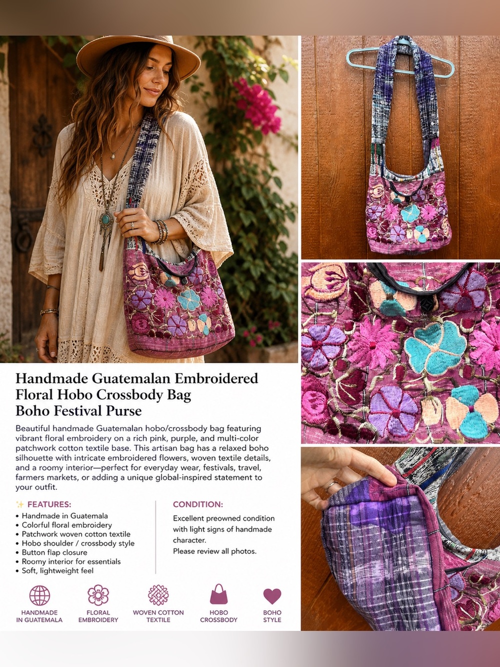 Handmade Guatemalan Embroidered Floral Hobo Crossbody Bag Boho Festival Purse